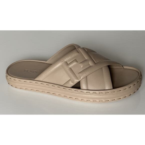 NIB $895 Fendi Men\'s FF Calf Leather Slide Sandals Beige 9 US/8 UK 7X1501 IT main image 6
